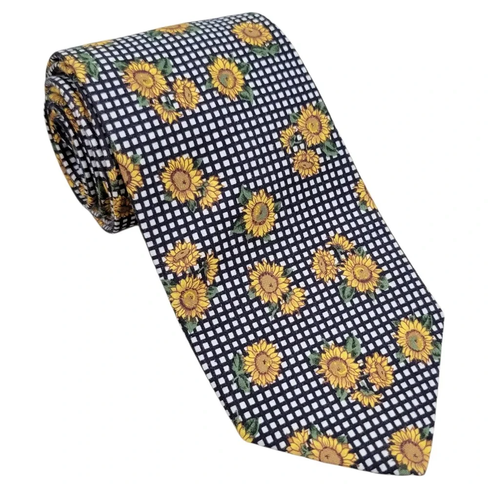 Brooks Brothers Sunflower Neck Tie Mens Black White Gingham Check 100% Cotton